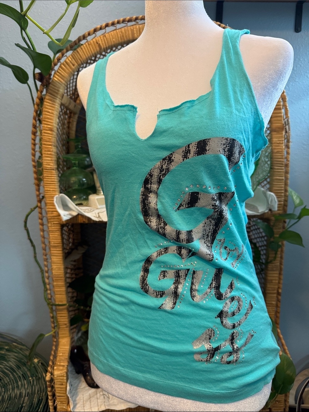 VTG G by GUESS Turquoise Bedazzled Graphic Tank Top Notched Neck Y2K Small